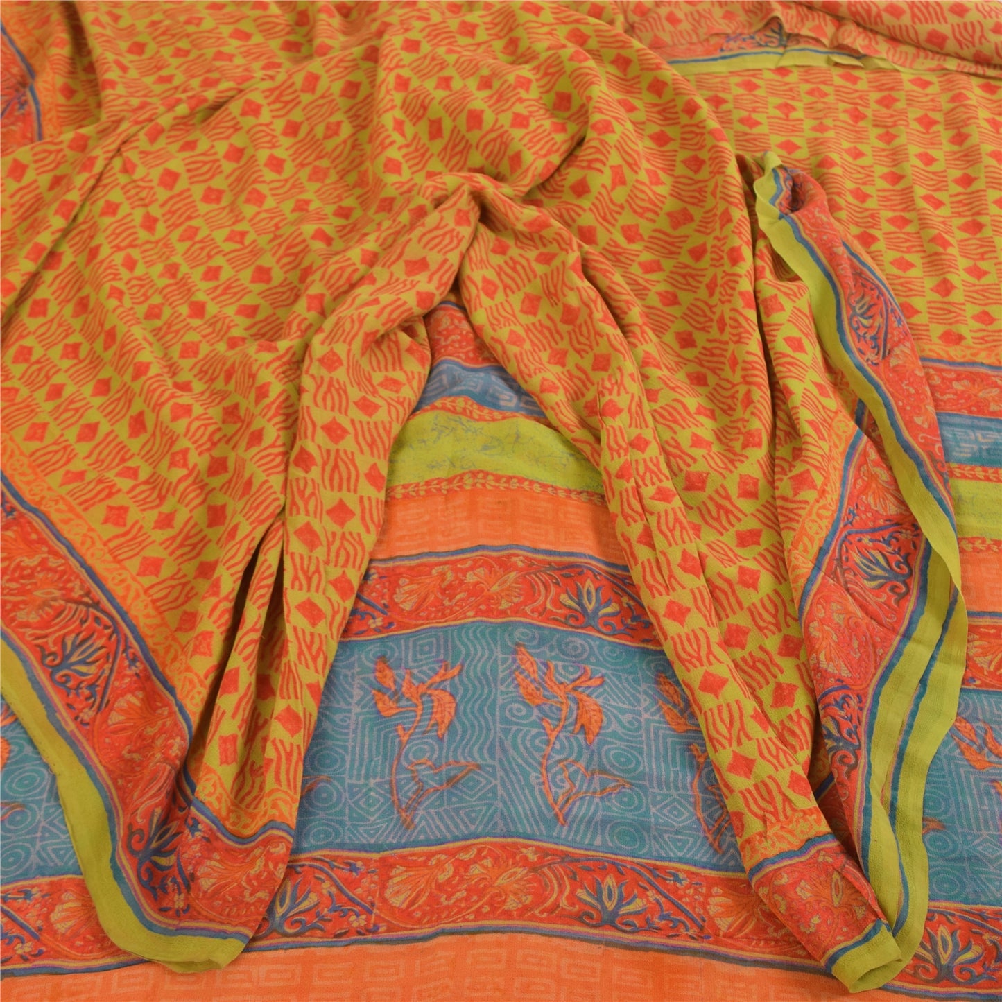Sanskriti Vintage Sarees Green & Orange Pure Georgette Printed Sari 5+yd Sustainable Fabric