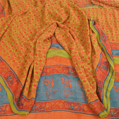 Sanskriti Vintage Sarees Green & Orange Pure Georgette Printed Sari 5+yd Sustainable Fabric