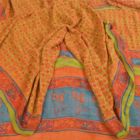 Sanskriti Vintage Sarier Grøn &amp; Orange Ren Georgette Trykt Sari 5+ yards Bæredygtigt Stof