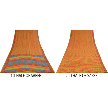 Sanskriti Vintage Sarees Green & Orange Pure Georgette Printed Sari 5+yd Sustainable Fabric