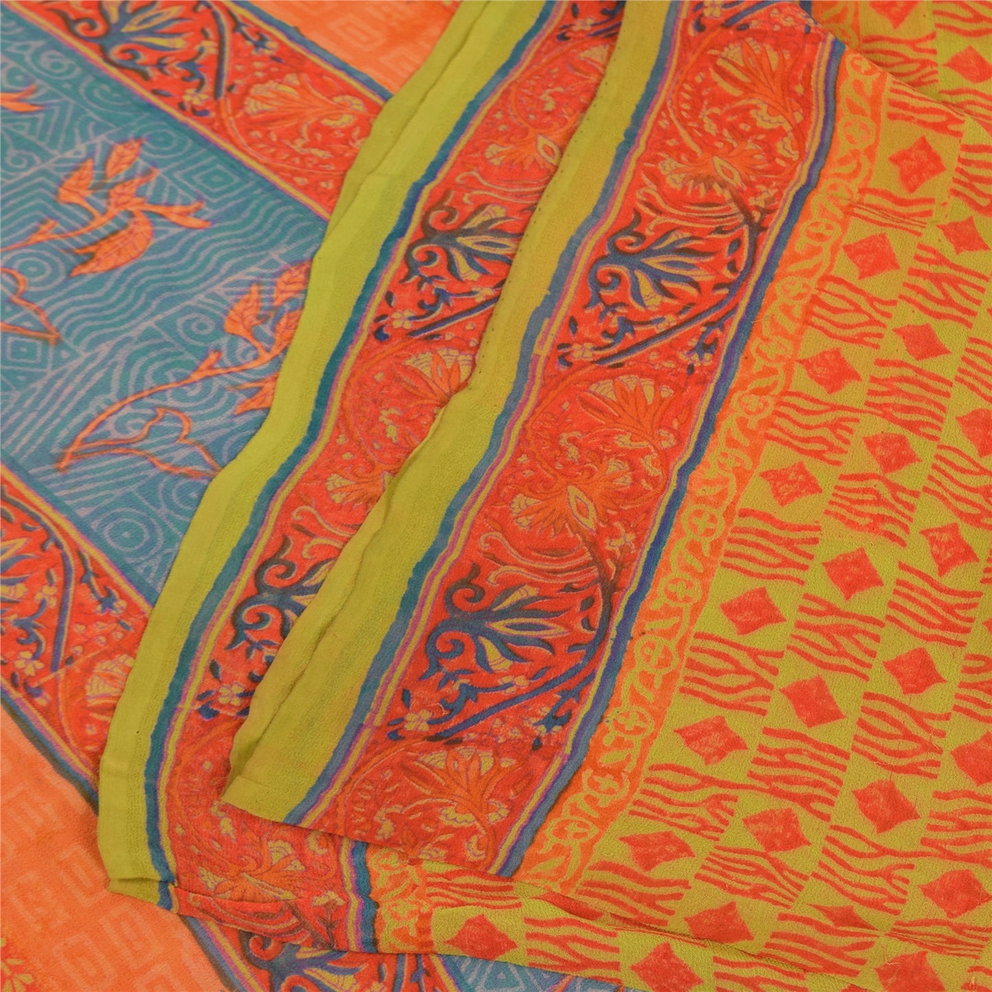 Sanskriti Vintage Sarees Green & Orange Pure Georgette Printed Sari 5+yd Sustainable Fabric
