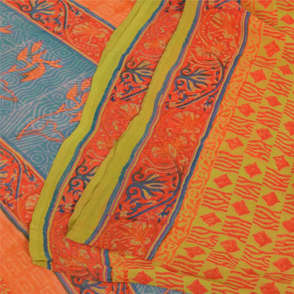 Sanskriti Vintage Sarees Green & Orange Pure Georgette Printed Sari 5+yd Sustainable Fabric