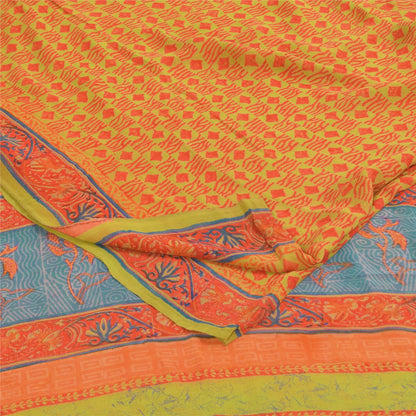 Sanskriti Vintage Sarees Green & Orange Pure Georgette Printed Sari 5+yd Sustainable Fabric