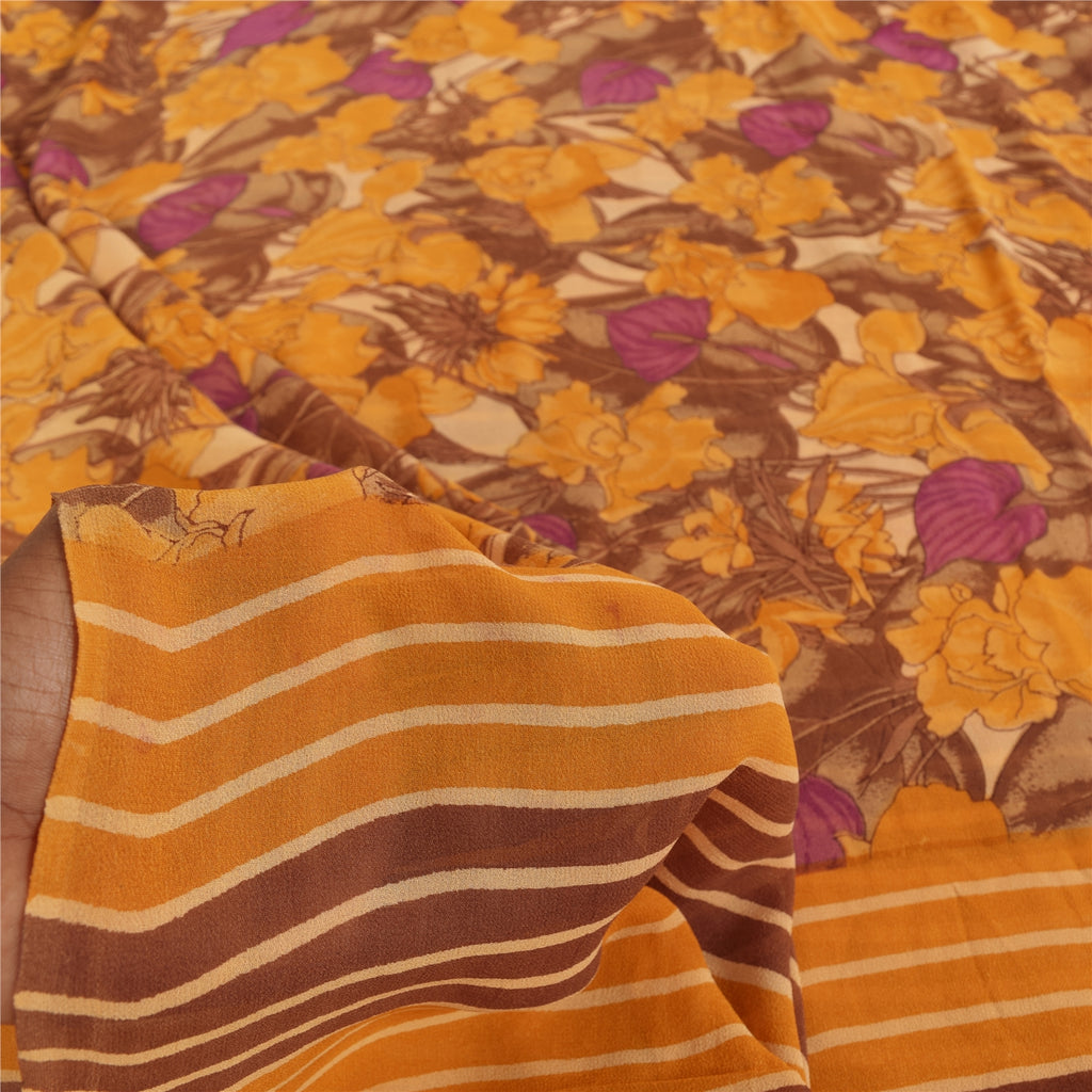 Sanskriti Vintage Sarees Yellow Pure Georgette Silk Print Sari 5+yd Craft Sustainable Fabric