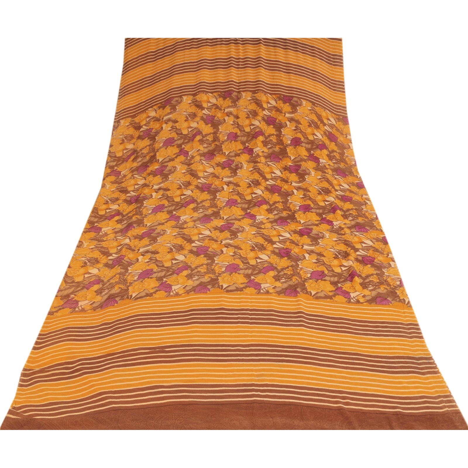 Sanskriti Vintage Sarier Gul Ren Georgette Silke Print Sari 5+ yard Håndværk Bæredygtigt Stoff