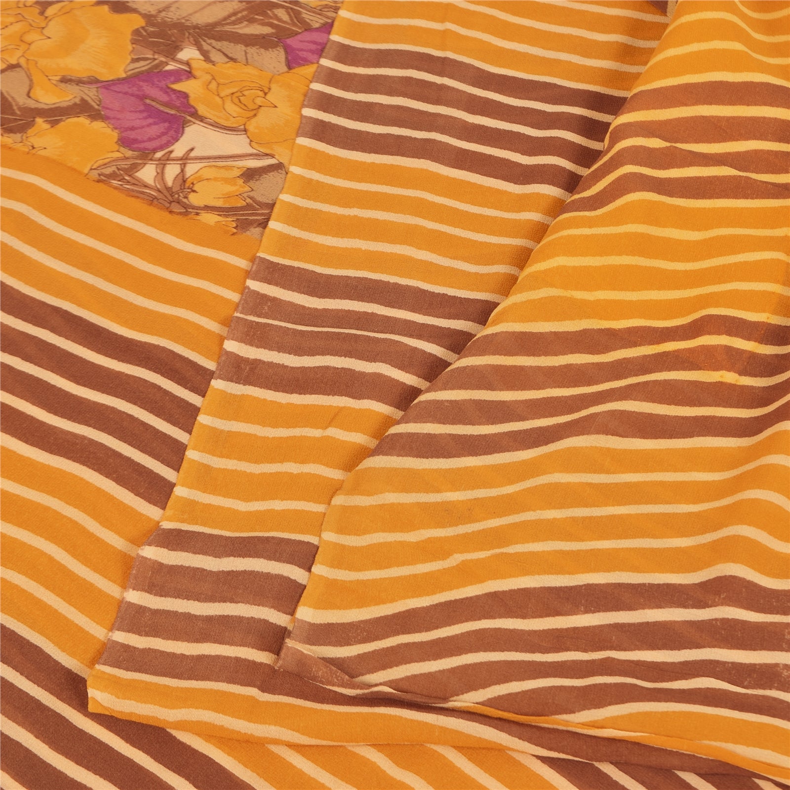 Sanskriti Vintage Sarier Gul Ren Georgette Silke Print Sari 5+ yard Håndværk Bæredygtigt Stoff