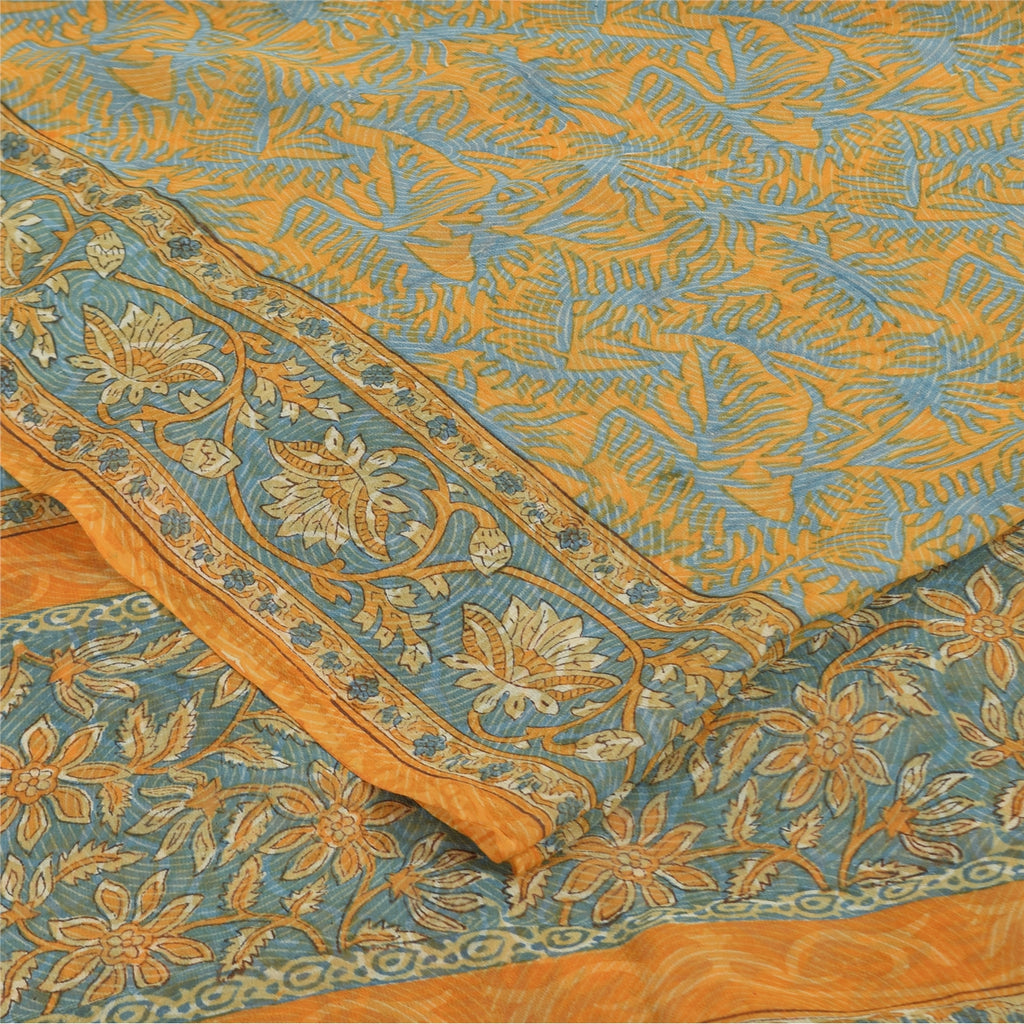 Sanskriti Vintage Sarees Yellow & Blue lPure Georgette Printed Sari 5+yd Sustainable Fabric