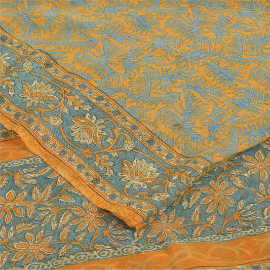 Sanskriti Vintage Sarier Gul &amp; Blå lRen Georgette Trykt Sari 5+ yards Bæredygtigt Stoff