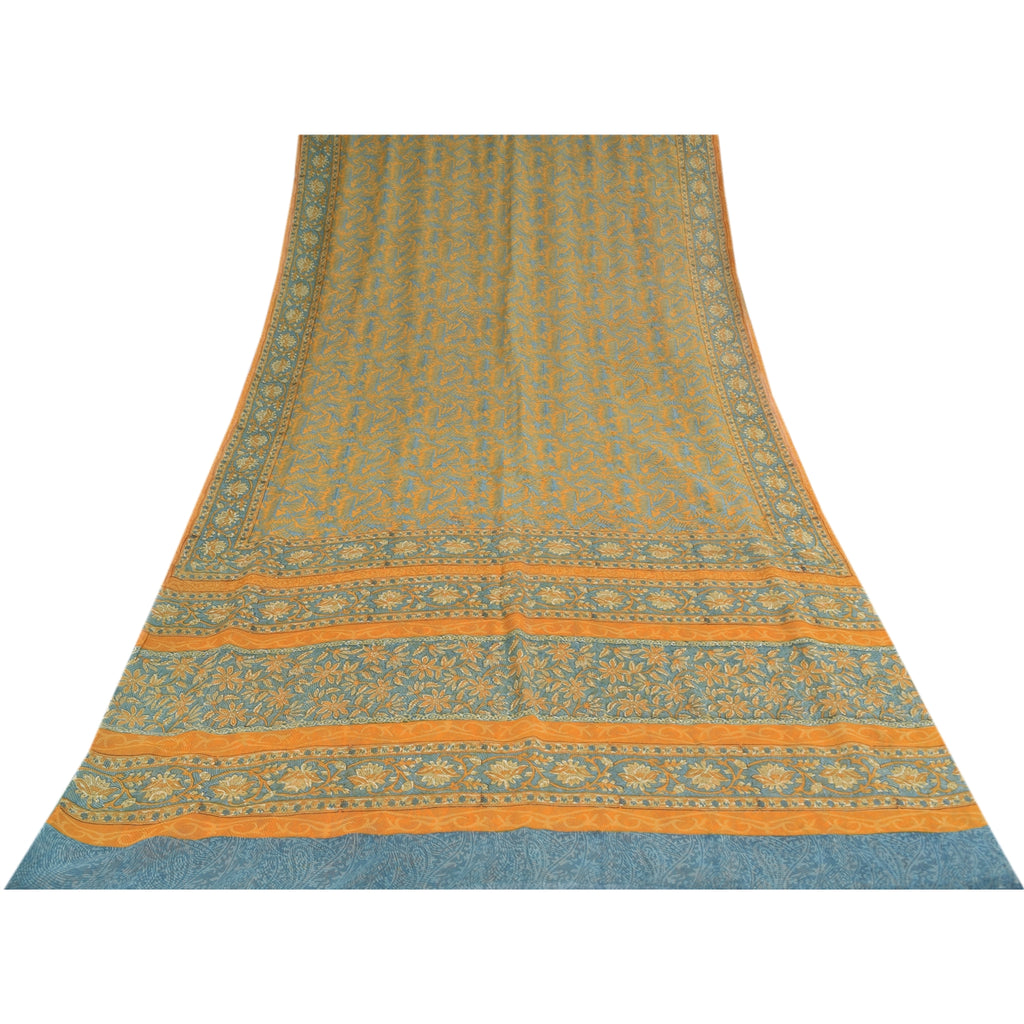 Sanskriti Vintage Sarier Gul &amp; Blå lRen Georgette Trykt Sari 5+ yards Bæredygtigt Stoff