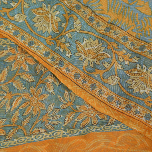 Sanskriti Vintage Sarier Gul &amp; Blå lRen Georgette Trykt Sari 5+ yards Bæredygtigt Stoff