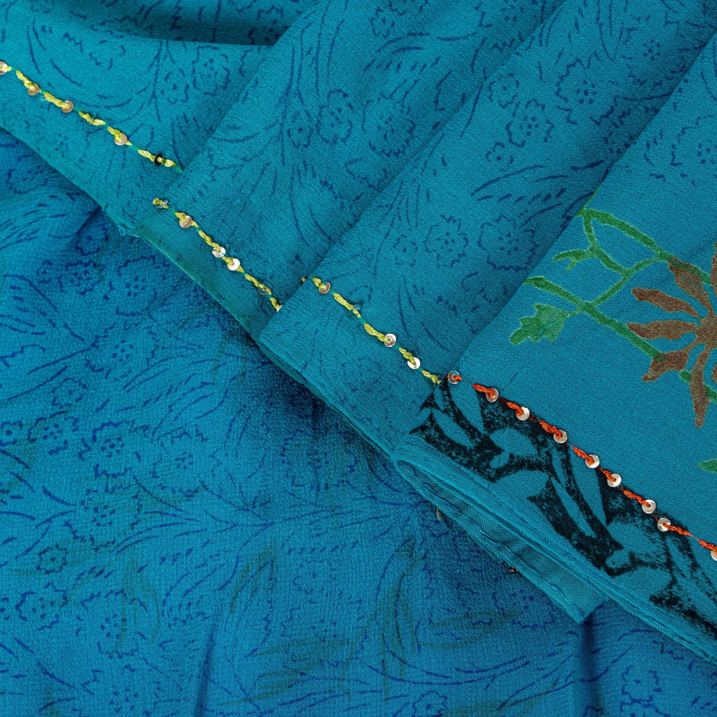 Sanskriti Vintage Blue Pure Georgette Sarees Hand Block Embroidered Sequin 5.5YD