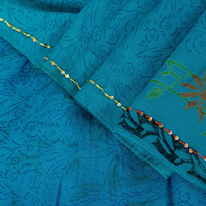 Sanskriti Vintage Blue Pure Georgette Sarees Hand Block Embroidered Sequin 5.5YD