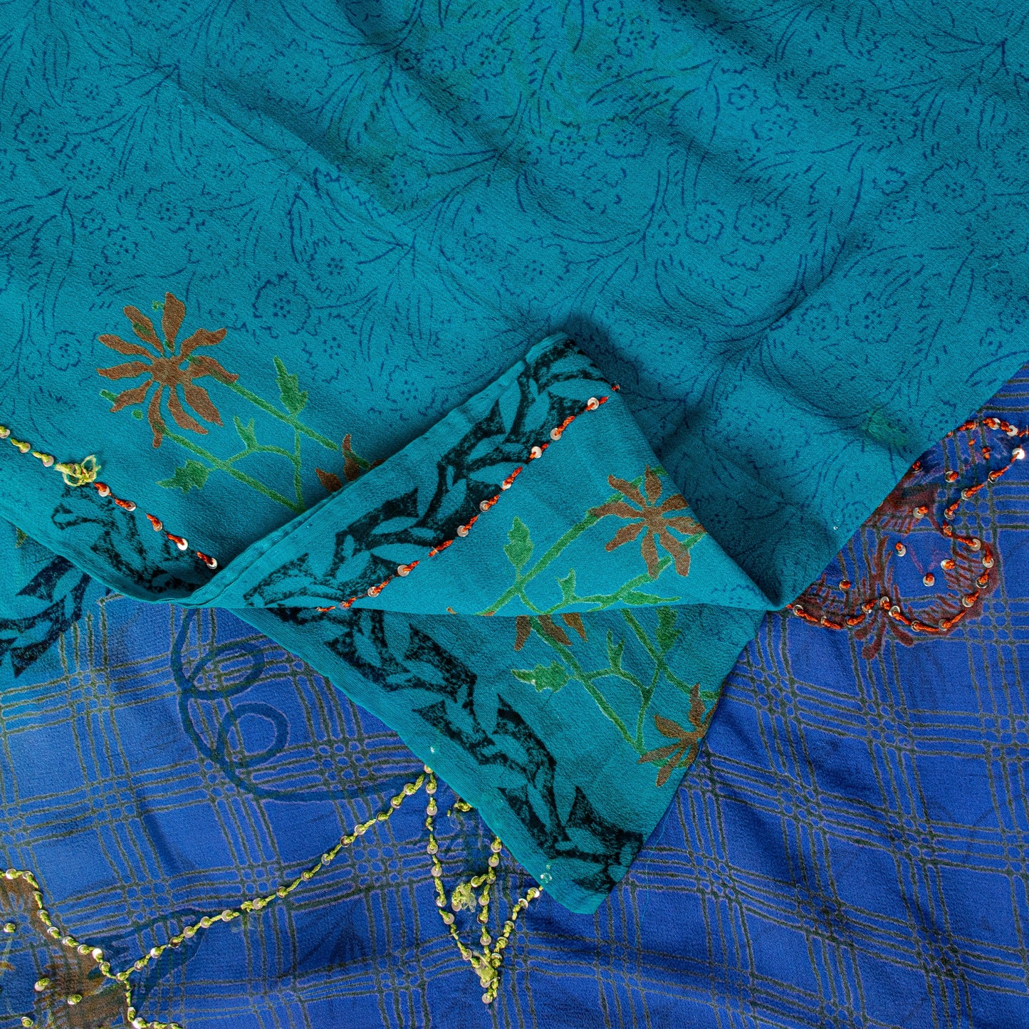 Sanskriti Vintage Blue Pure Georgette Sarees Hand Block Embroidered Sequin 5.5YD