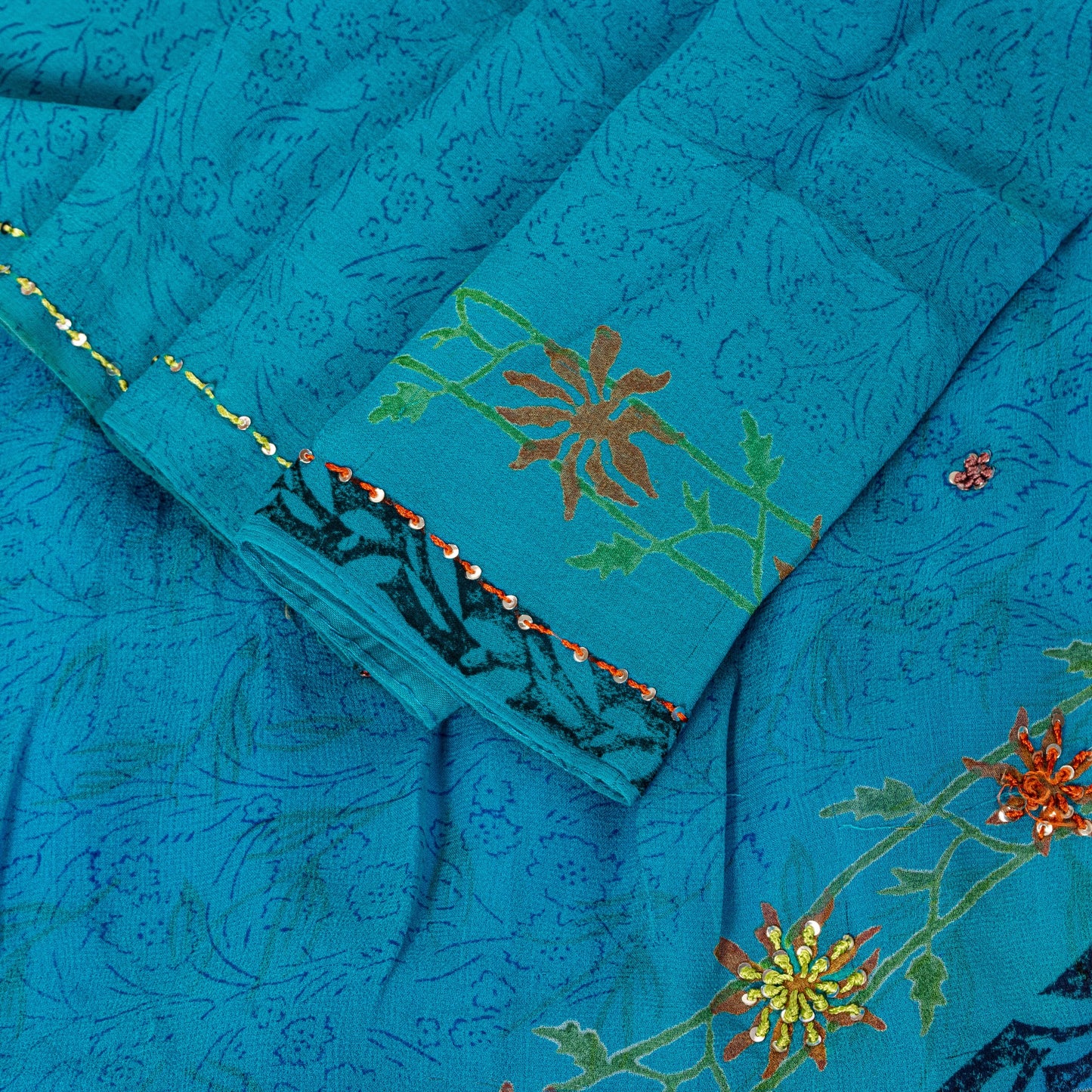 Sanskriti Vintage Blue Pure Georgette Sarees Hand Block Embroidered Sequin 5.5YD