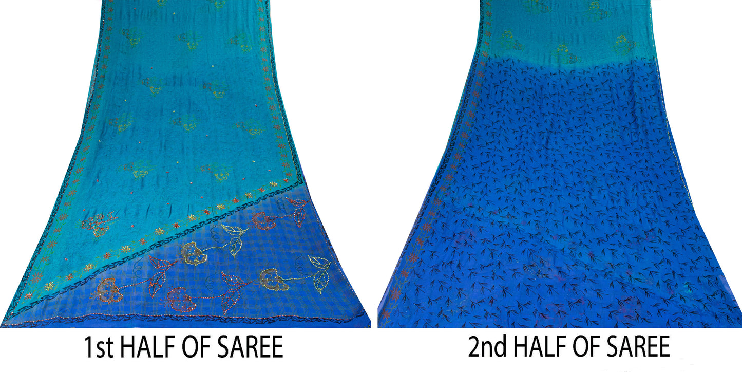 Sanskriti Vintage Blue Pure Georgette Sarees Hand Block Embroidered Sequin 5.5YD