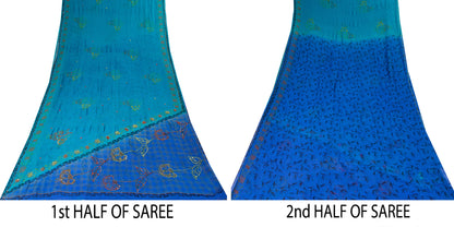 Sanskriti Vintage Blue Pure Georgette Sarees Hand Block Embroidered Sequin 5.5YD