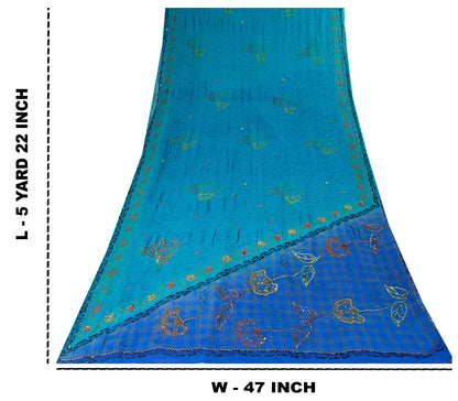Sanskriti Vintage Blue Pure Georgette Sarees Hand Block Embroidered Sequin 5.5YD