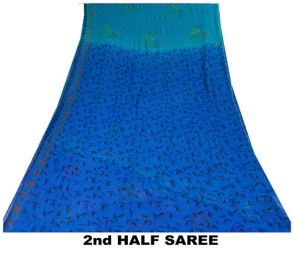 Sanskriti Vintage Blue Pure Georgette Sarees Hand Block Embroidered Sequin 5.5YD
