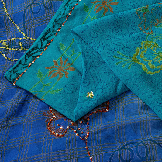 Sanskriti Vintage Blue Pure Georgette Sarees Hand Block Embroidered Sequin 5.5YD