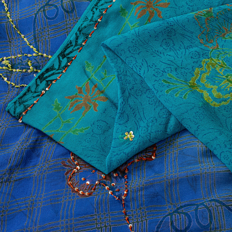 Sanskriti Vintage Blue Pure Georgette Sarees Hand Block Embroidered Sequin 5.5YD