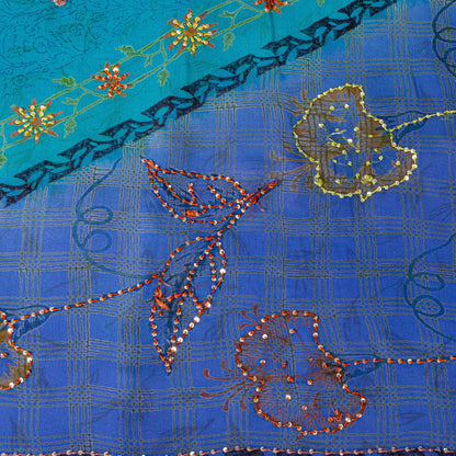 Sanskriti Vintage Blue Pure Georgette Sarees Hand Block Embroidered Sequin 5.5YD