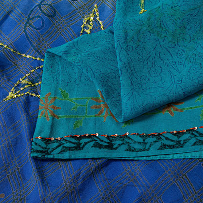 Sanskriti Vintage Blue Pure Georgette Sarees Hand Block Embroidered Sequin 5.5YD