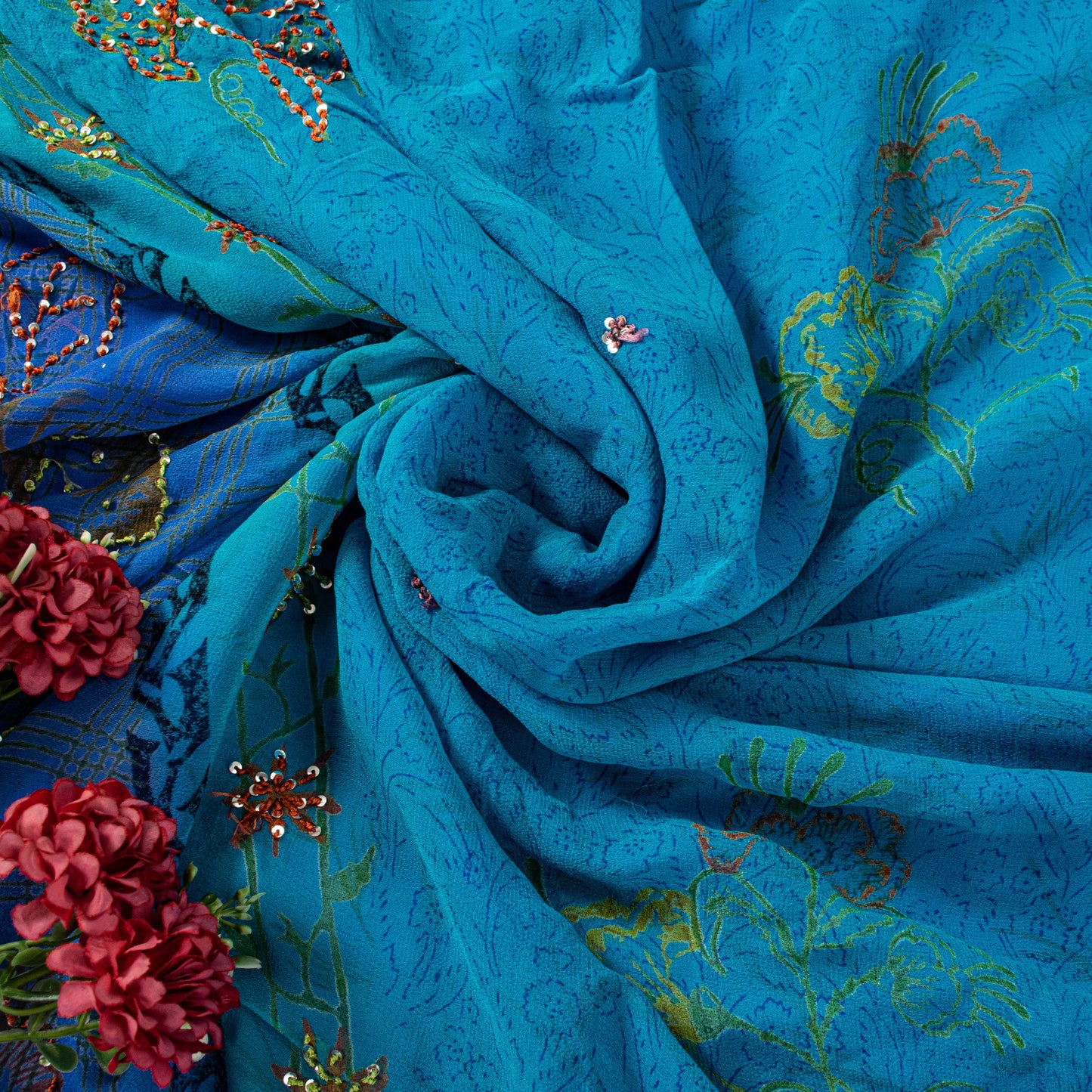 Sanskriti Vintage Blue Pure Georgette Sarees Hand Block Embroidered Sequin 5.5YD