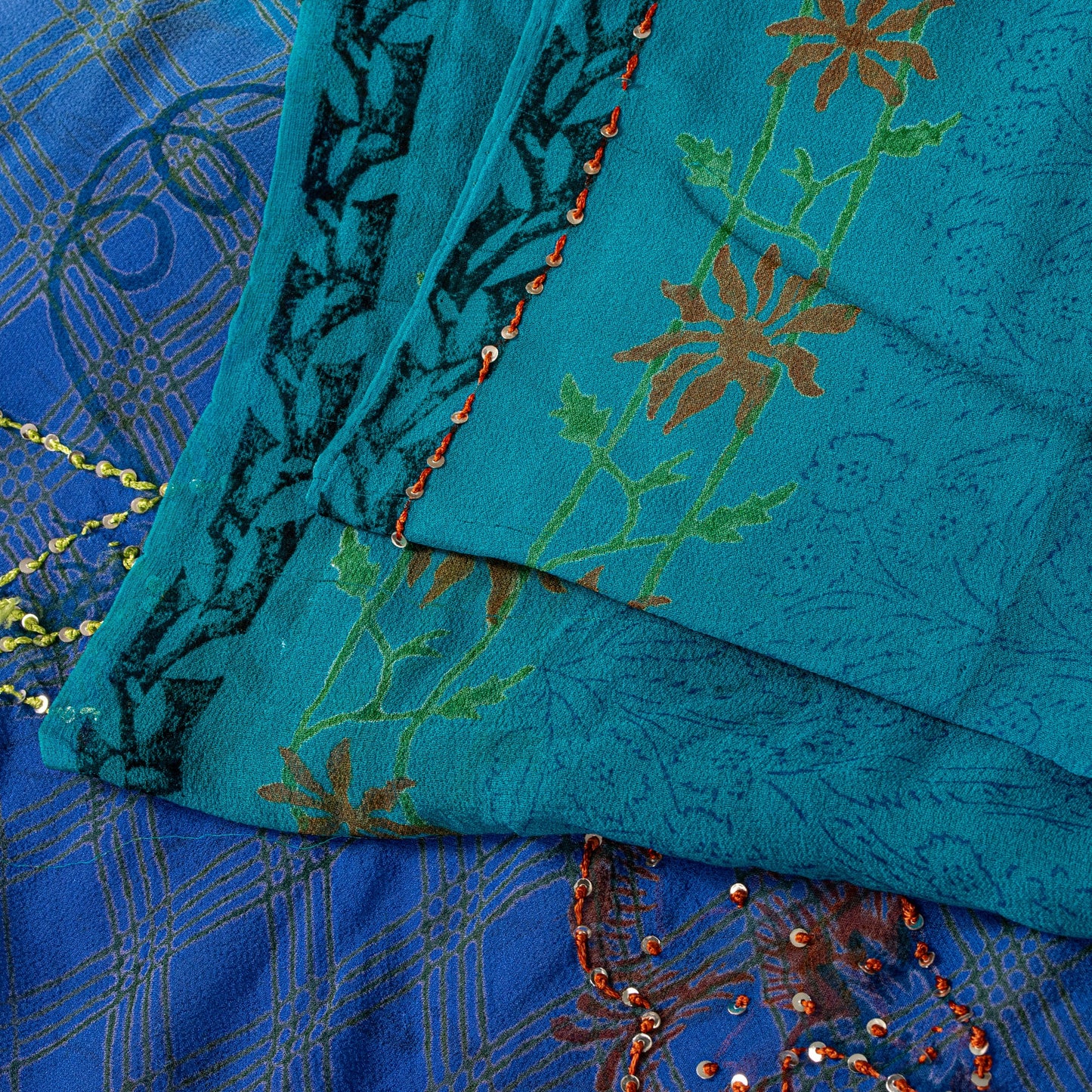 Sanskriti Vintage Blue Pure Georgette Sarees Hand Block Embroidered Sequin 5.5YD