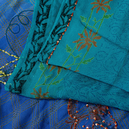 Sanskriti Vintage Blue Pure Georgette Sarees Hand Block Embroidered Sequin 5.5YD