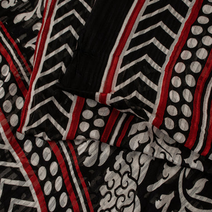 Sanskriti Vintage Black 100% Pure Georgette Saree Floral Print 6YD Fabric Craft