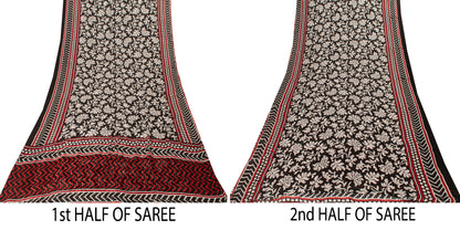 Sanskriti Vintage Black 100% Pure Georgette Saree Floral Print 6YD Fabric Craft