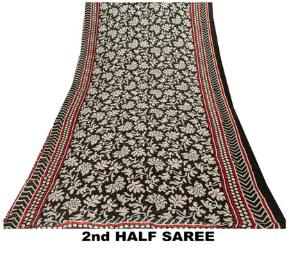 Sanskriti Vintage Black 100% Pure Georgette Saree Floral Print 6YD Fabric Craft
