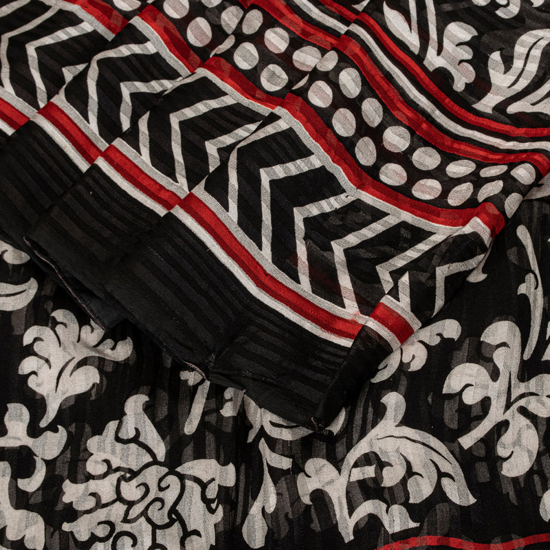 Sanskriti Vintage Black 100% Pure Georgette Saree Floral Print 6YD Fabric Craft
