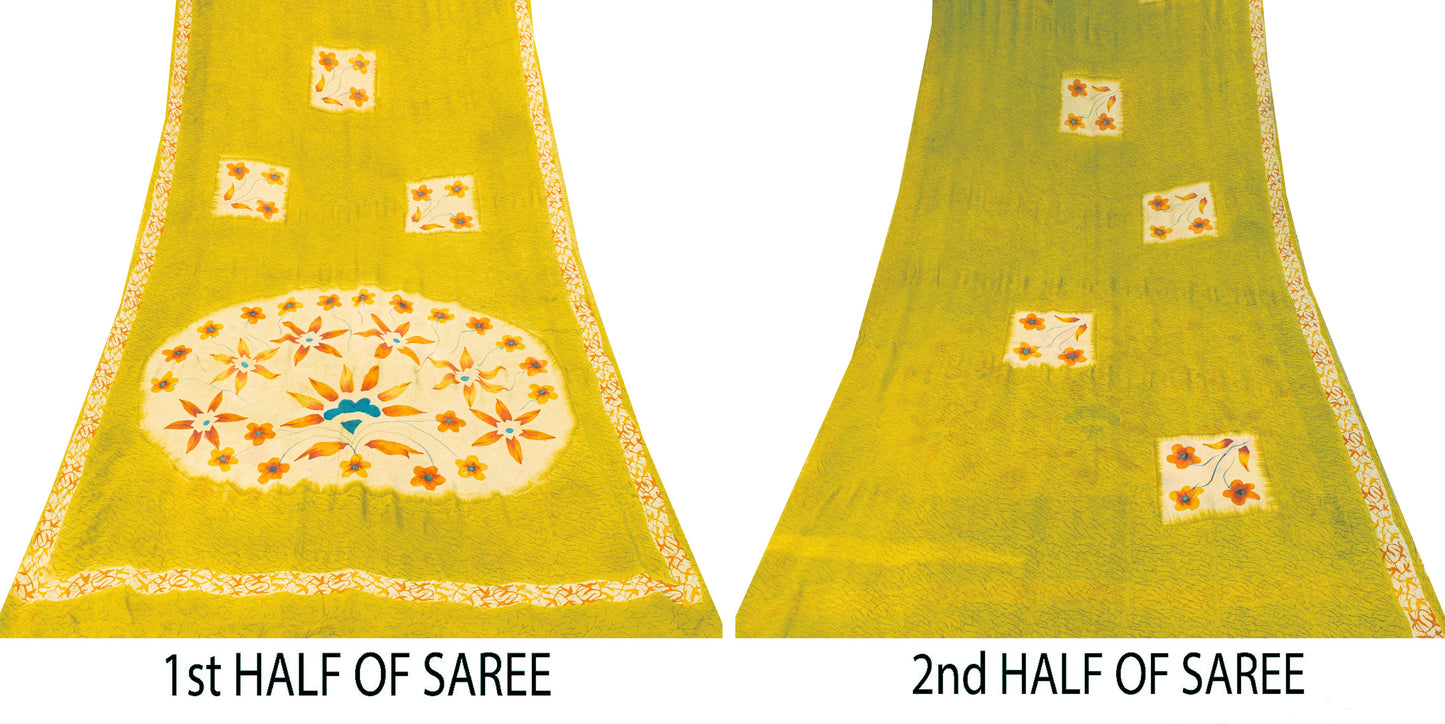 Sanskriti Vintage Yellow Pure Georgette Sarees Floral Abstract Digital Print 5.5