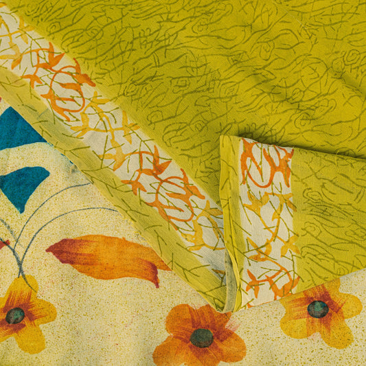 Sanskriti Vintage Yellow Pure Georgette Sarees Floral Abstract Digital Print 5.5