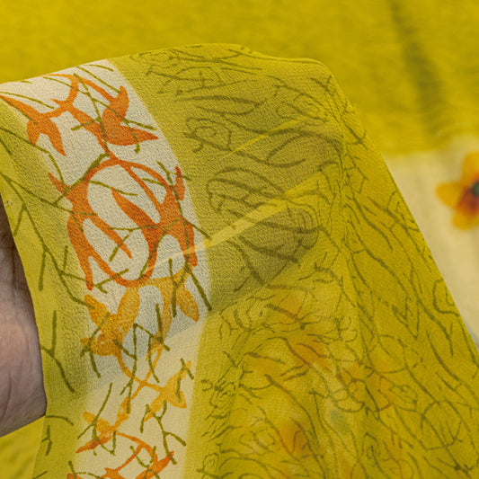 Sanskriti Vintage Yellow Pure Georgette Sarees Floral Abstract Digital Print 5.5