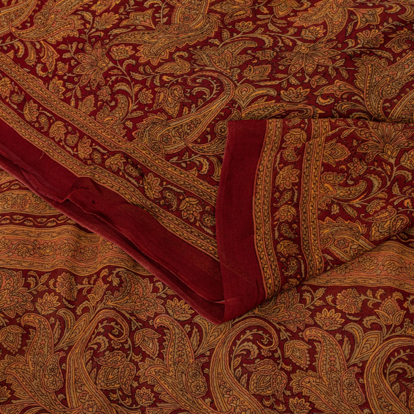 Sanskriti Vintage Dark Red Sari Pure Georgette Kalamakari Hand Block Saree 6 YD