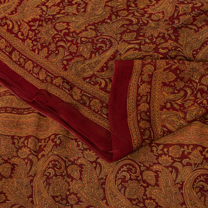 Sanskriti Vintage Dark Red Sari Pure Georgette Kalamakari Hand Block Saree 6 YD