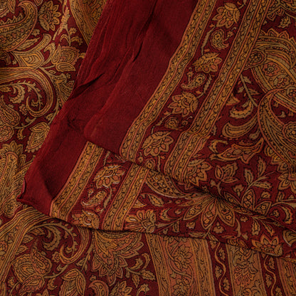 Sanskriti Vintage Dark Red Sari Pure Georgette Kalamakari Hand Block Saree 6 YD