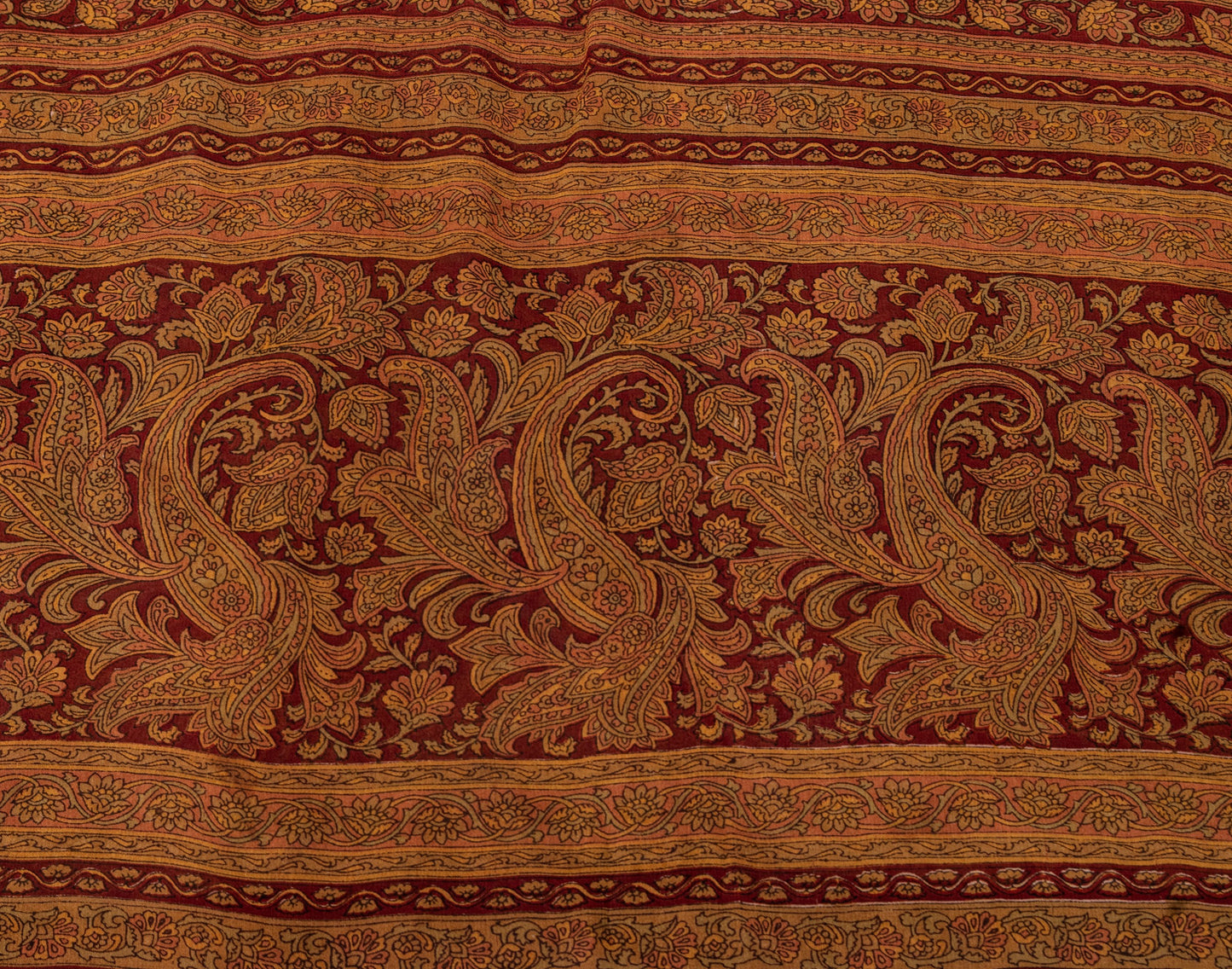 Sanskriti Vintage Dark Red Sari Pure Georgette Kalamakari Hand Block Saree 6 YD