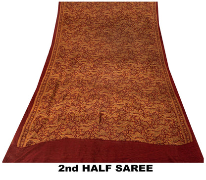 Sanskriti Vintage Dark Red Sari Pure Georgette Kalamakari Hand Block Saree 6 YD