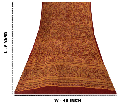 Sanskriti Vintage Dark Red Sari Pure Georgette Kalamakari Hand Block Saree 6 YD