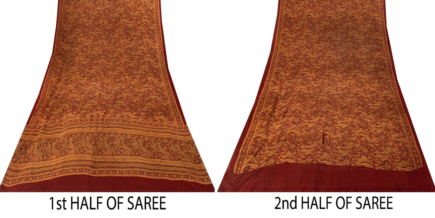 Sanskriti Vintage Dark Red Sari Pure Georgette Kalamakari Hand Block Saree 6 YD