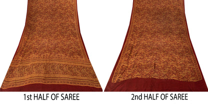 Sanskriti Vintage Dark Red Sari Pure Georgette Kalamakari Hand Block Saree 6 YD