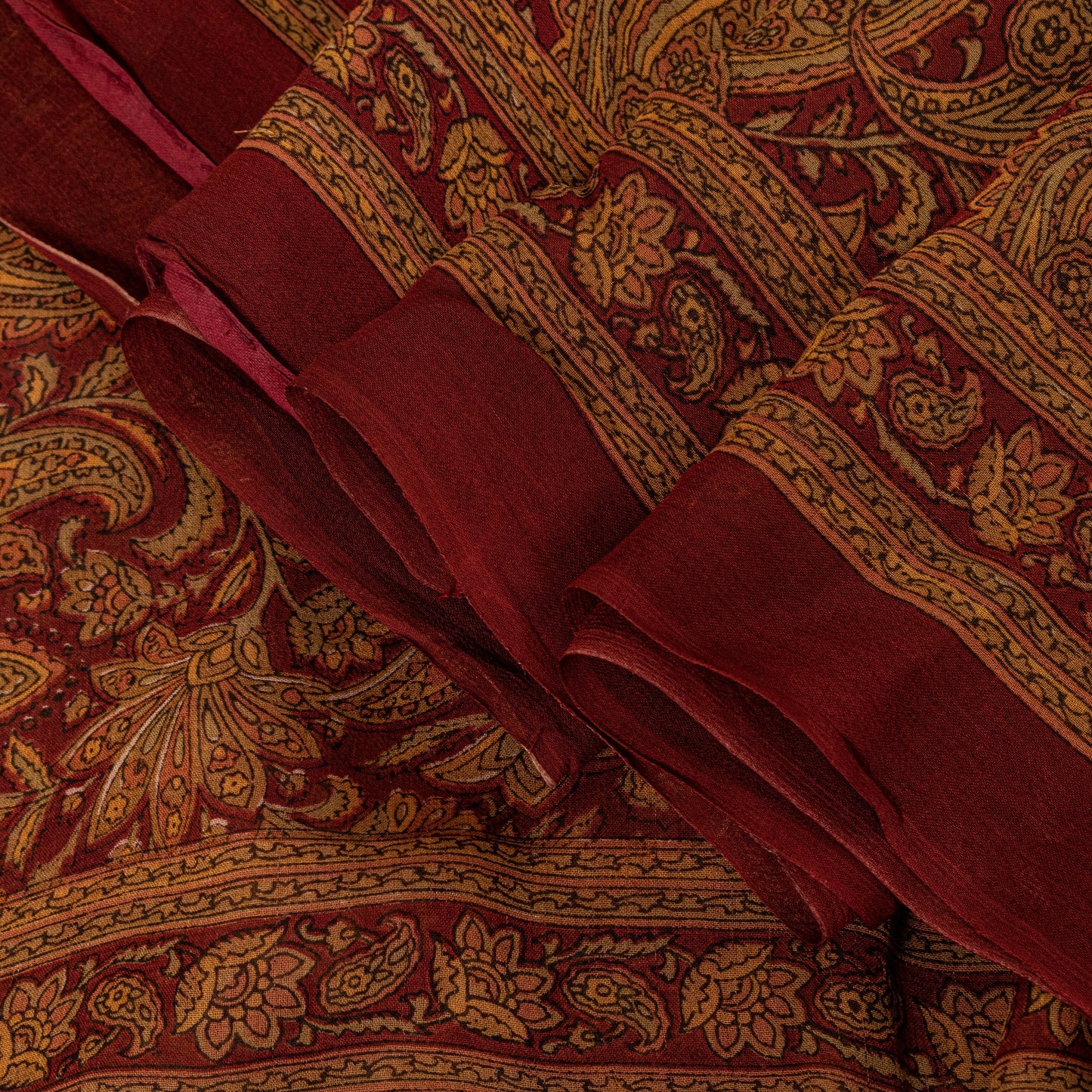 Sanskriti Vintage Dark Red Sari Pure Georgette Kalamakari Hand Block Saree 6 YD