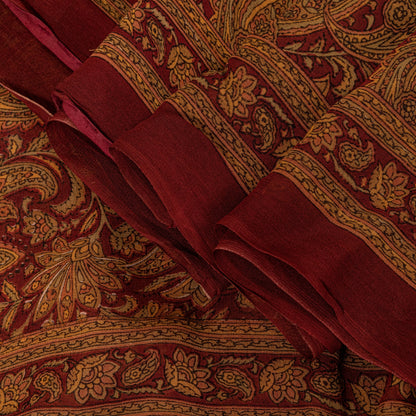 Sanskriti Vintage Dark Red Sari Pure Georgette Kalamakari Hand Block Saree 6 YD
