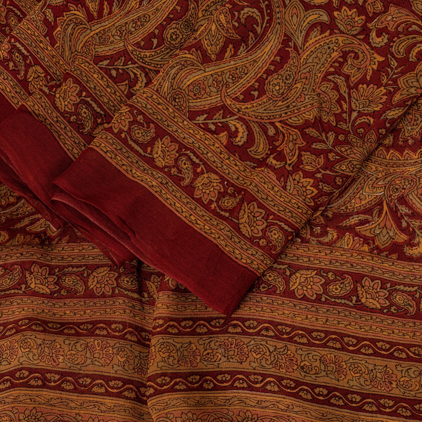 Sanskriti Vintage Dark Red Sari Pure Georgette Kalamakari Hand Block Saree 6 YD
