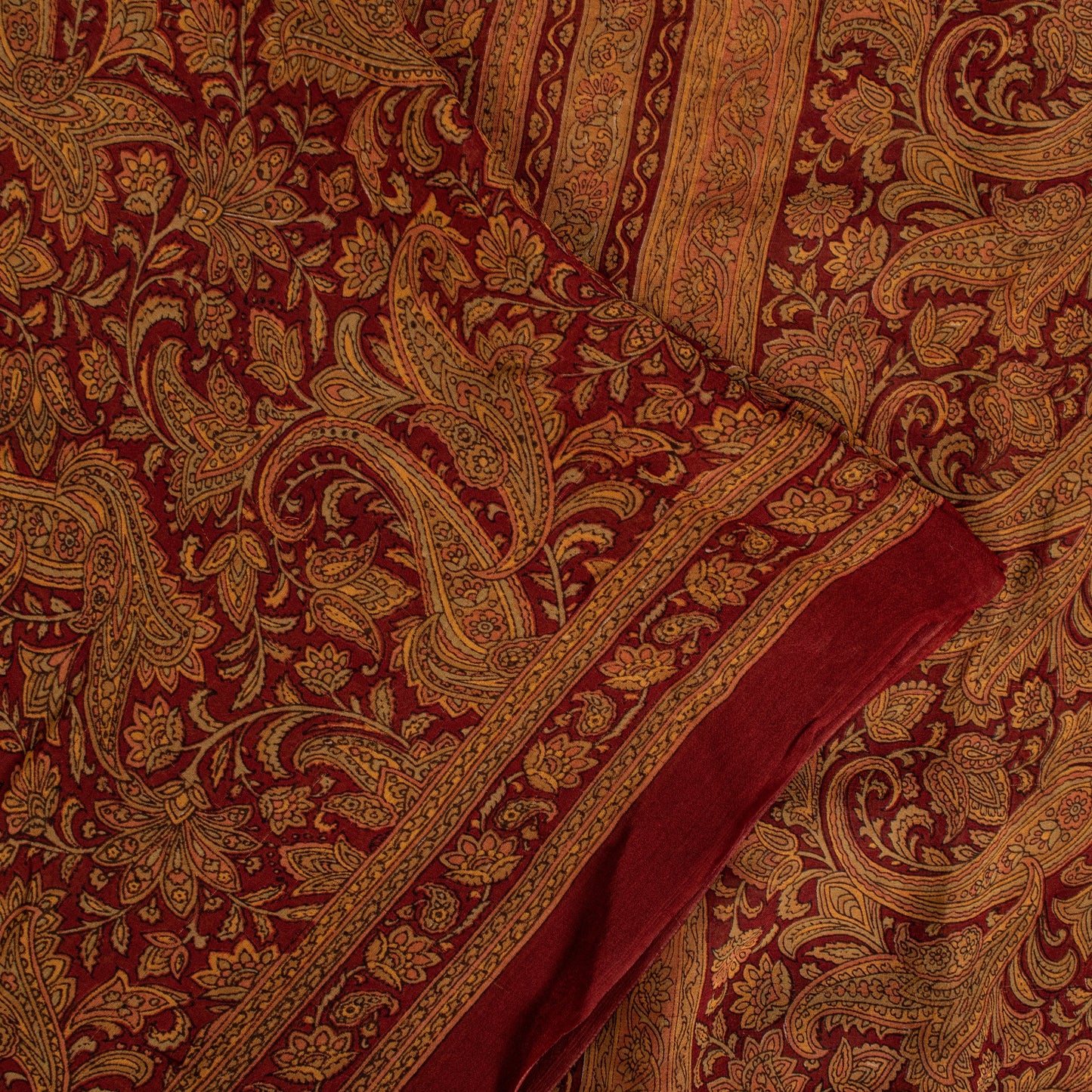 Sanskriti Vintage Dark Red Sari Pure Georgette Kalamakari Hand Block Saree 6 YD