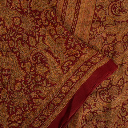 Sanskriti Vintage Dark Red Sari Pure Georgette Kalamakari Hand Block Saree 6 YD