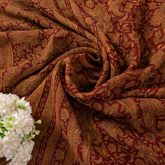 Sanskriti Vintage Dark Red Sari Pure Georgette Kalamakari Hand Block Saree 6 YD